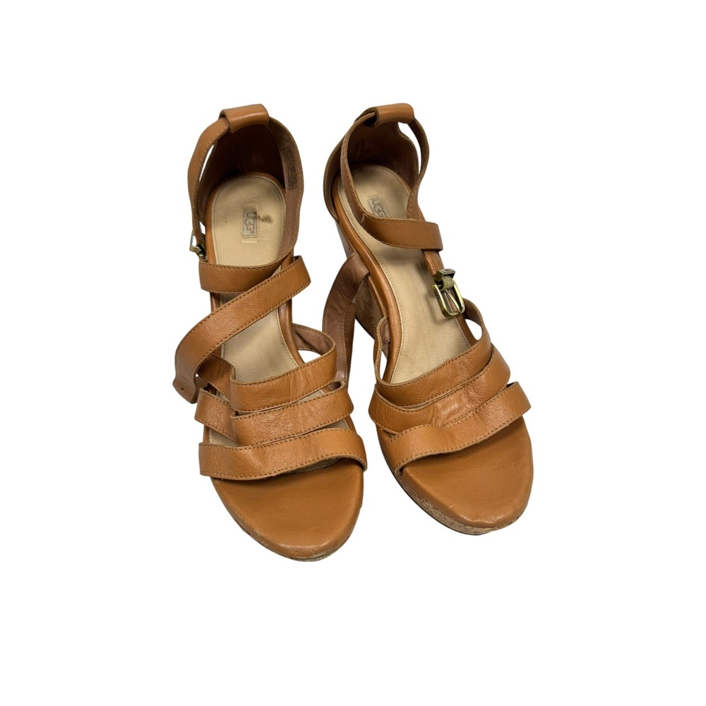 UGG Lucianna Tan Leather Cork Wedge Sandals Strappy Buckle Womens 12